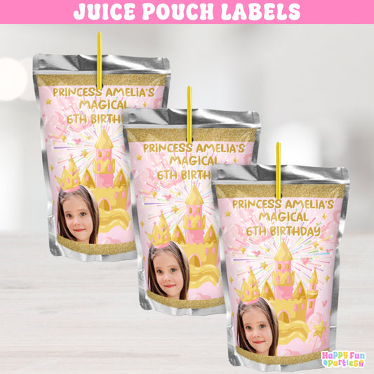 Personalized Princess Juice Pouch Labels | Custom Pink & Gold Castle Party Favors