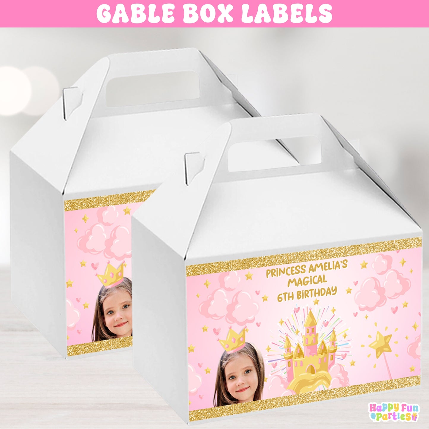 Personalized Princess Gable Box Labels | Custom Pink & Gold Castle Party Favors