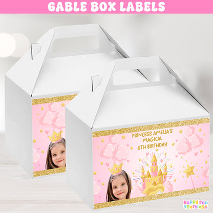 Personalized Princess Gable Box Labels | Custom Pink & Gold Castle Party Favors