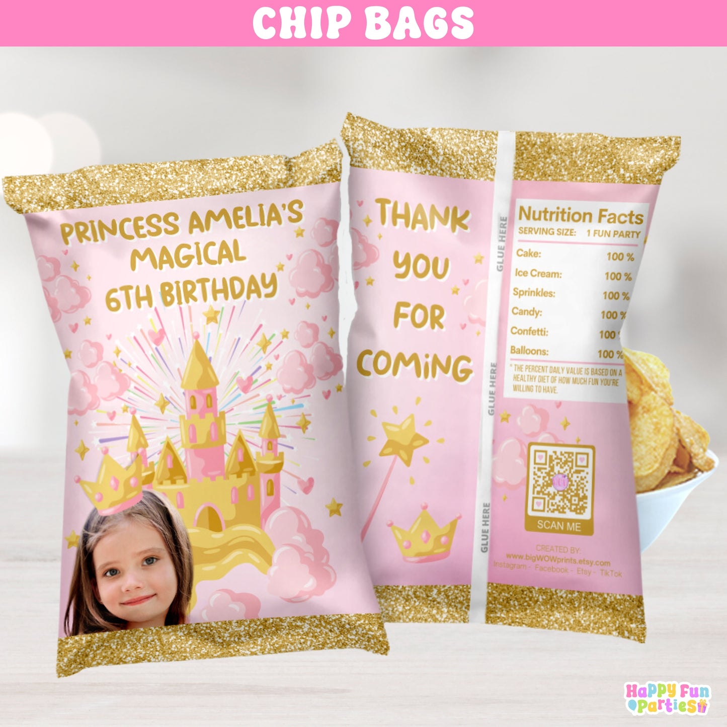 Personalized Princess Chip Bag Party Favors | Magical Pink & Gold Birthday Supplies