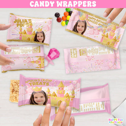 Personalized Princess Candy Wrappers | Custom Pink & Gold Castle Party Favors