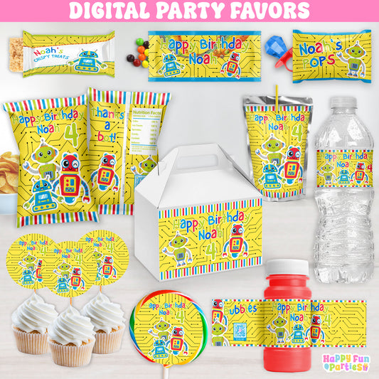 Digital Robot Party Favors | Printable Snack Bags, Labels & Decorations