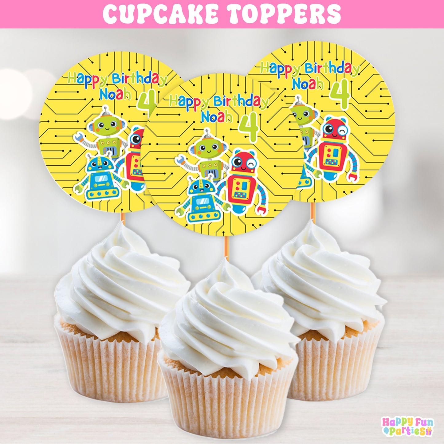 Futuristic Robot Cupcake Toppers | Personalized Birthday Party Decorations