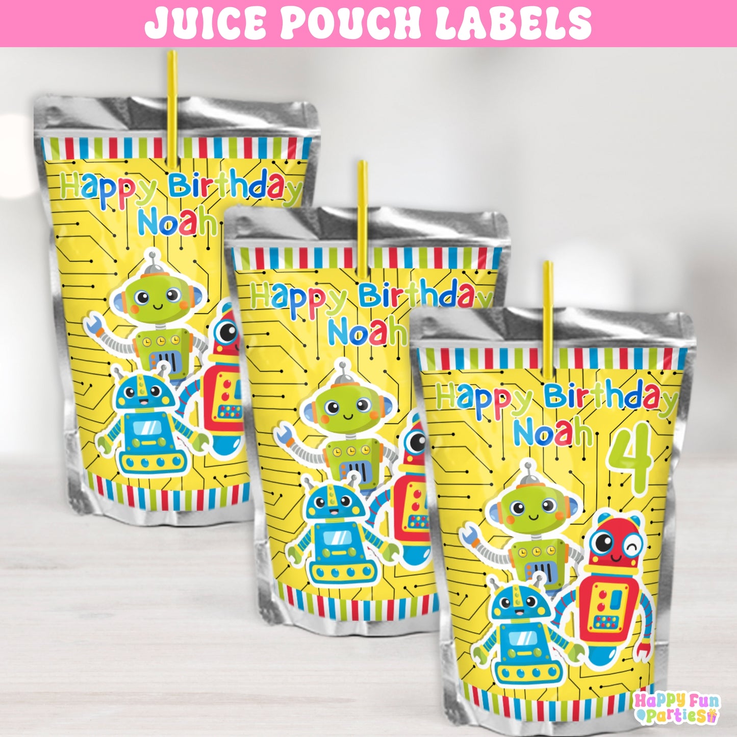 Custom Robot Juice Labels | Personalized Tech-Themed Birthday Drink Stickers