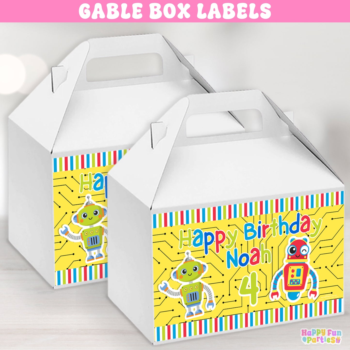 Colorful Robot Gable Box Labels | Personalized Futuristic Favor Stickers