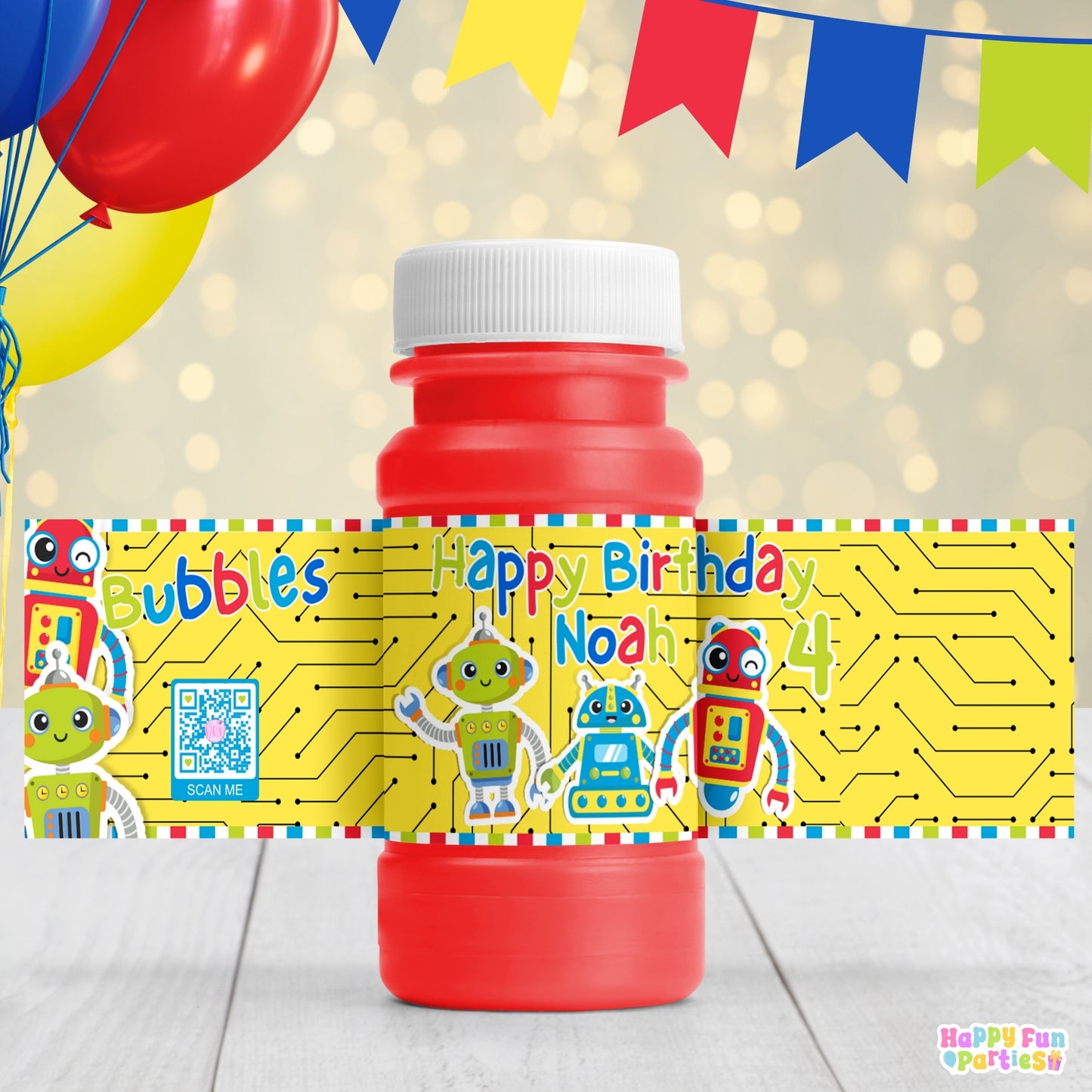 Personalized Robot Bubble Bottle Labels | Futuristic Party Stickers