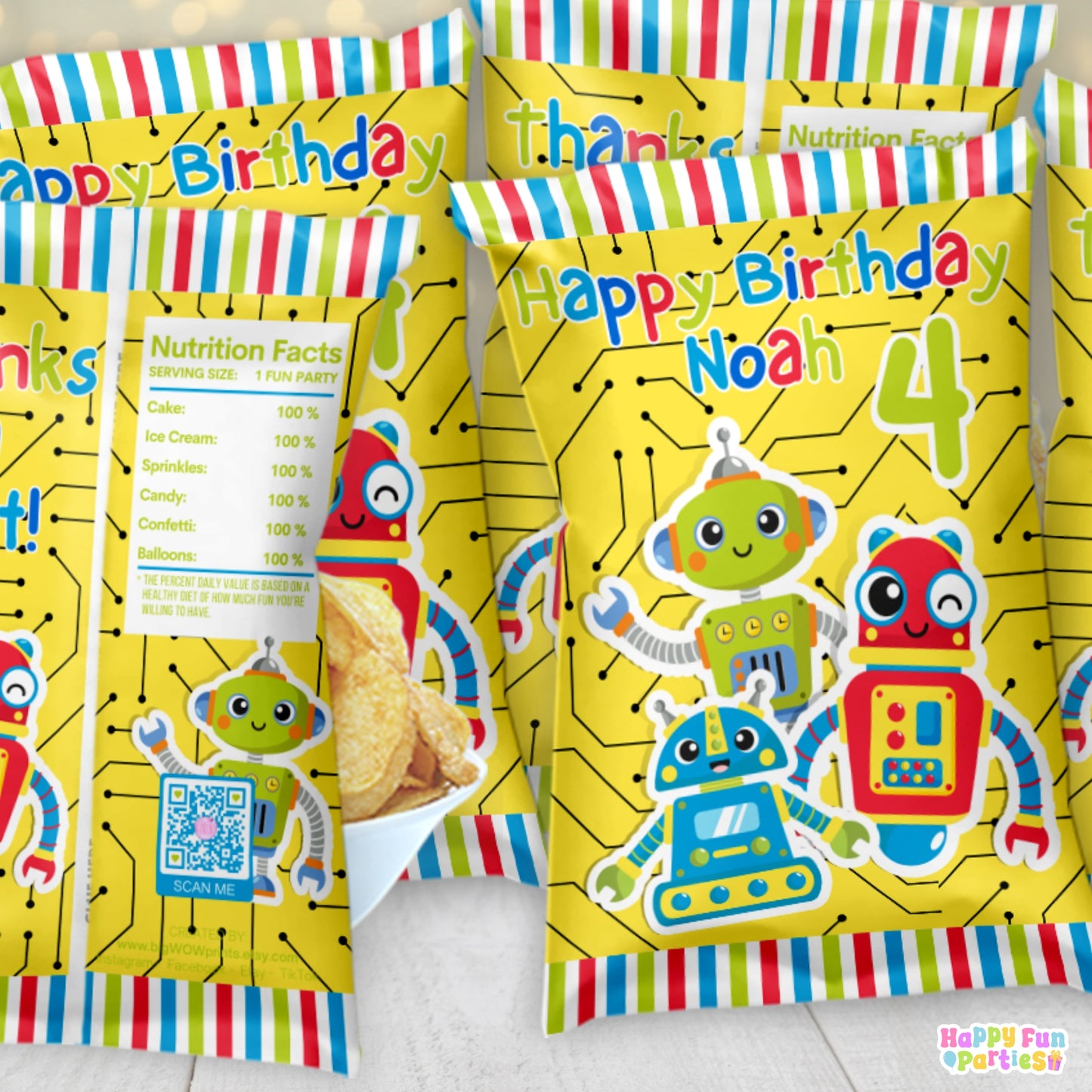 Digital Robot Party Favors | Printable Snack Bags, Labels & Decorations