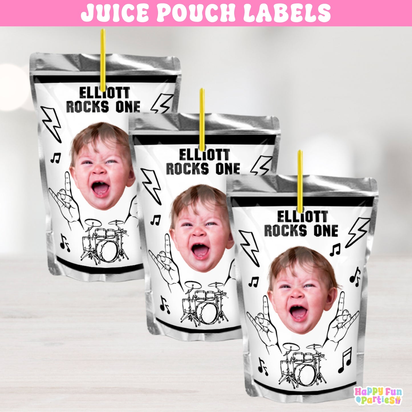 Personalized Rock and Roll Juice Pouch Labels | Born to Rock Party Favors