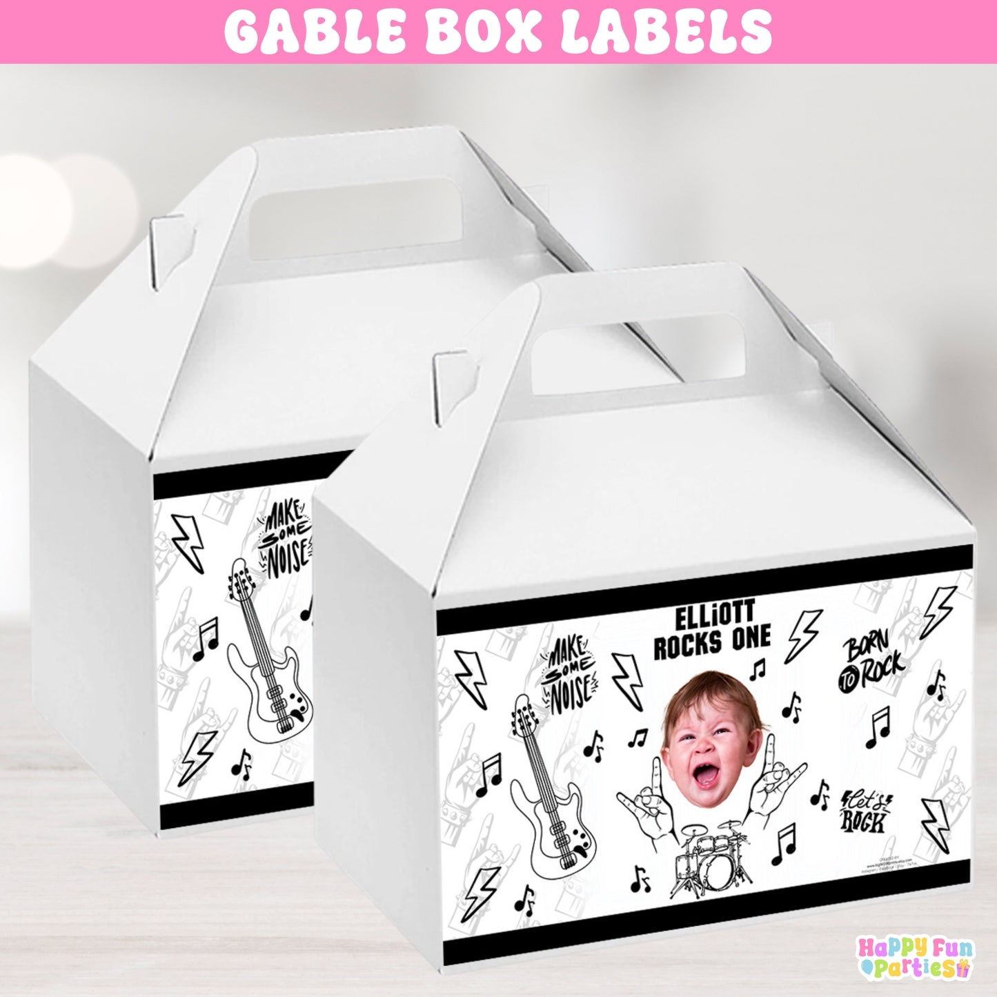 Personalized Rock and Roll Gable Box Labels | Born TWO Rock Party Favors