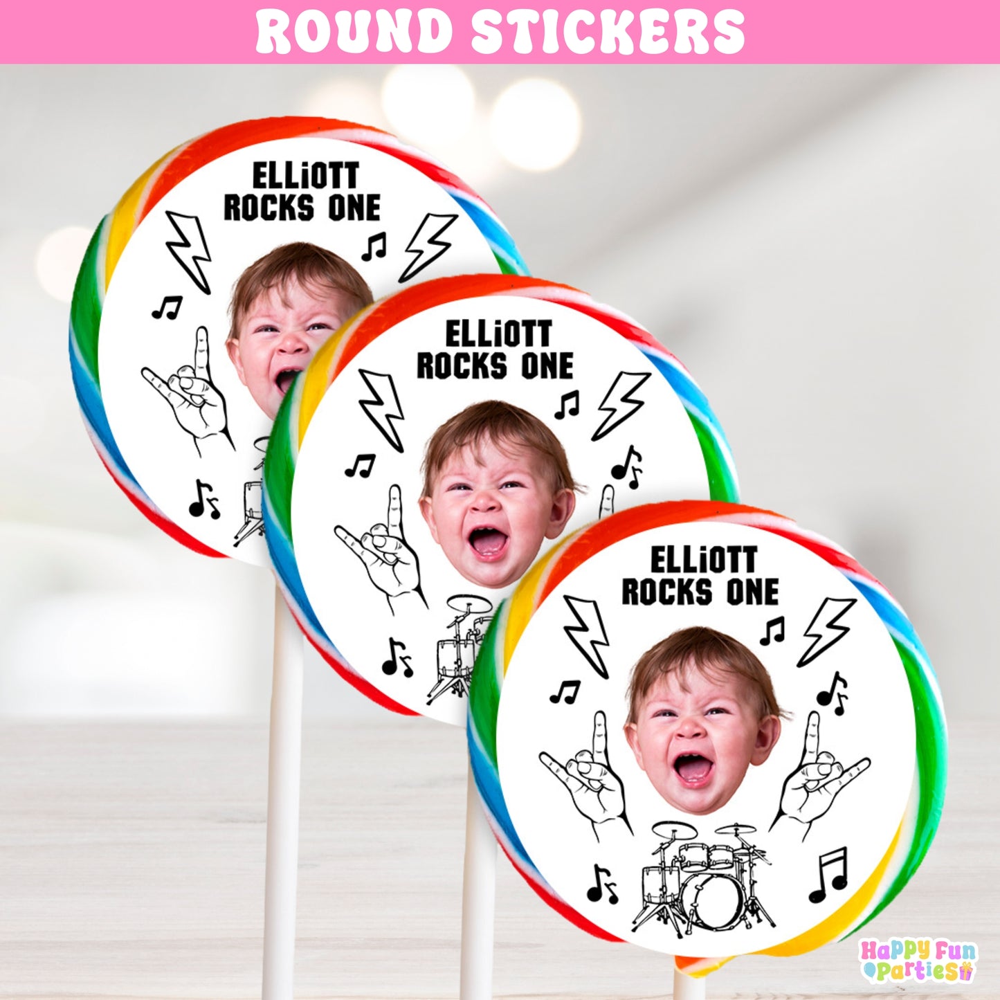 Personalized Rock and Roll Round Stickers | Born to Rock Party Bag Favors