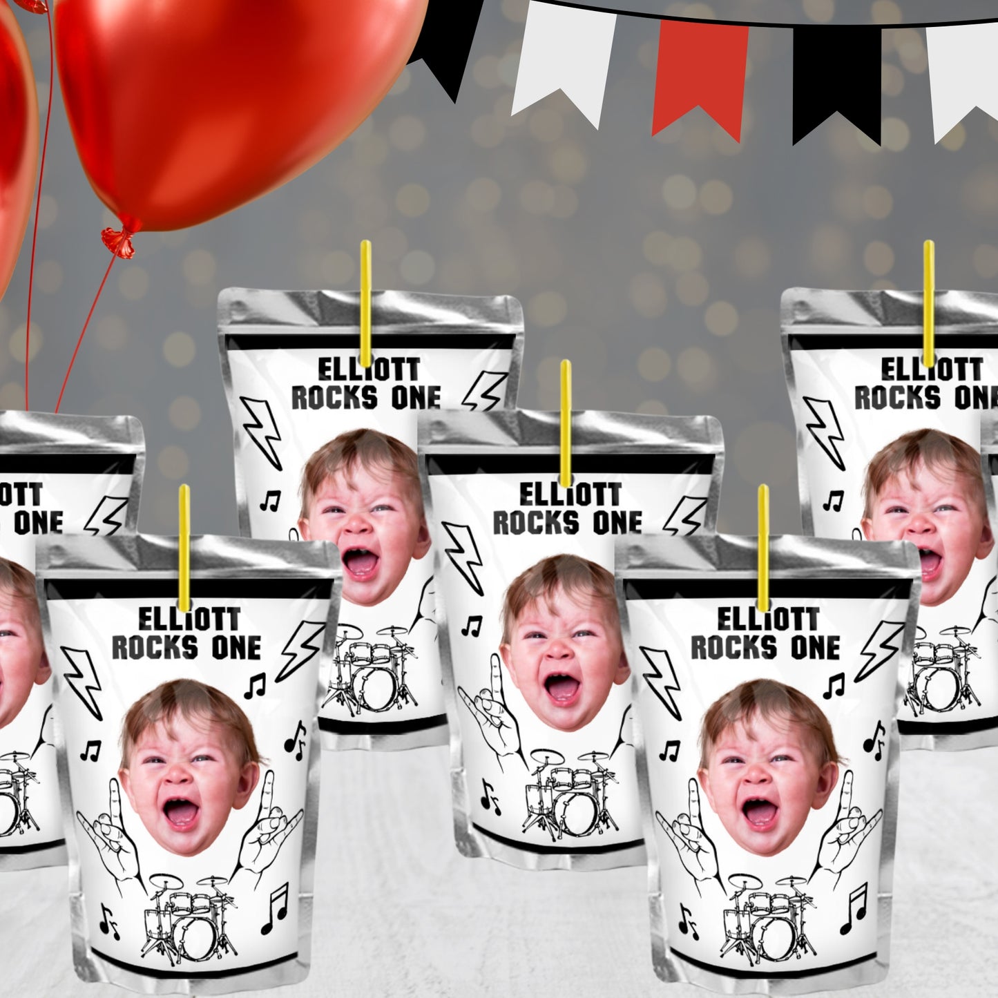 Personalized Rock and Roll Juice Pouch Labels | Born to Rock Party Favors