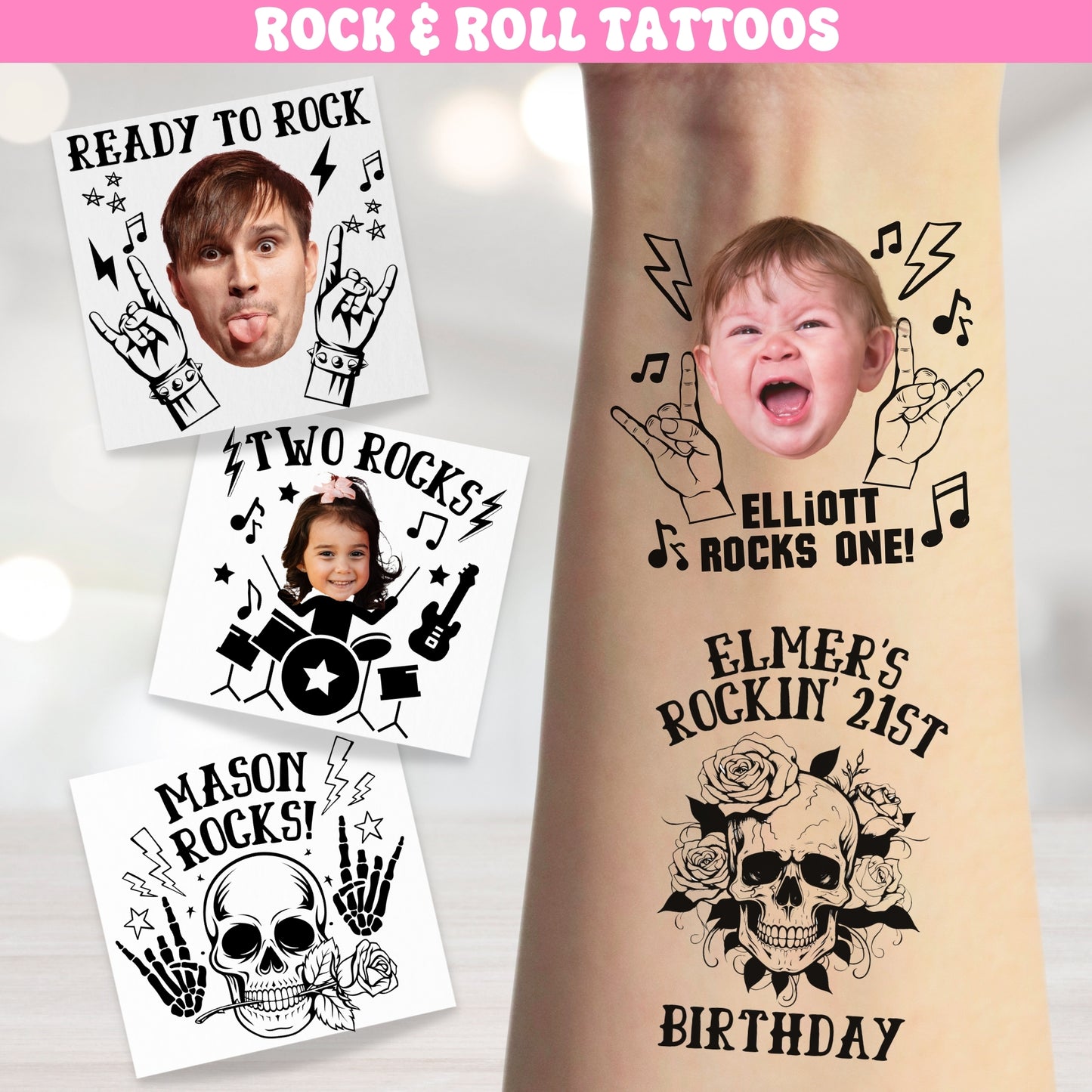 Rock and Roll Birthday Tattoos | Rock Star Party Favors| Rockin One First Birthday | Born Two Rock 2nd Birthday