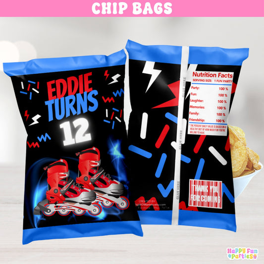 Roller Skate Chip Bag Wrappers | Custom Snack Bags for Skating Birthday Party