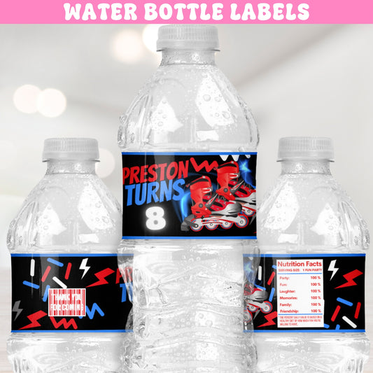 Roller Skates Water Bottle Labels | Custom Neon Skating Party Drink Stickers