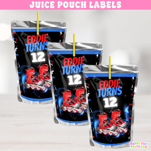 Roller Skates Juice Pouch Labels | Custom Neon Birthday Drink Wrappers