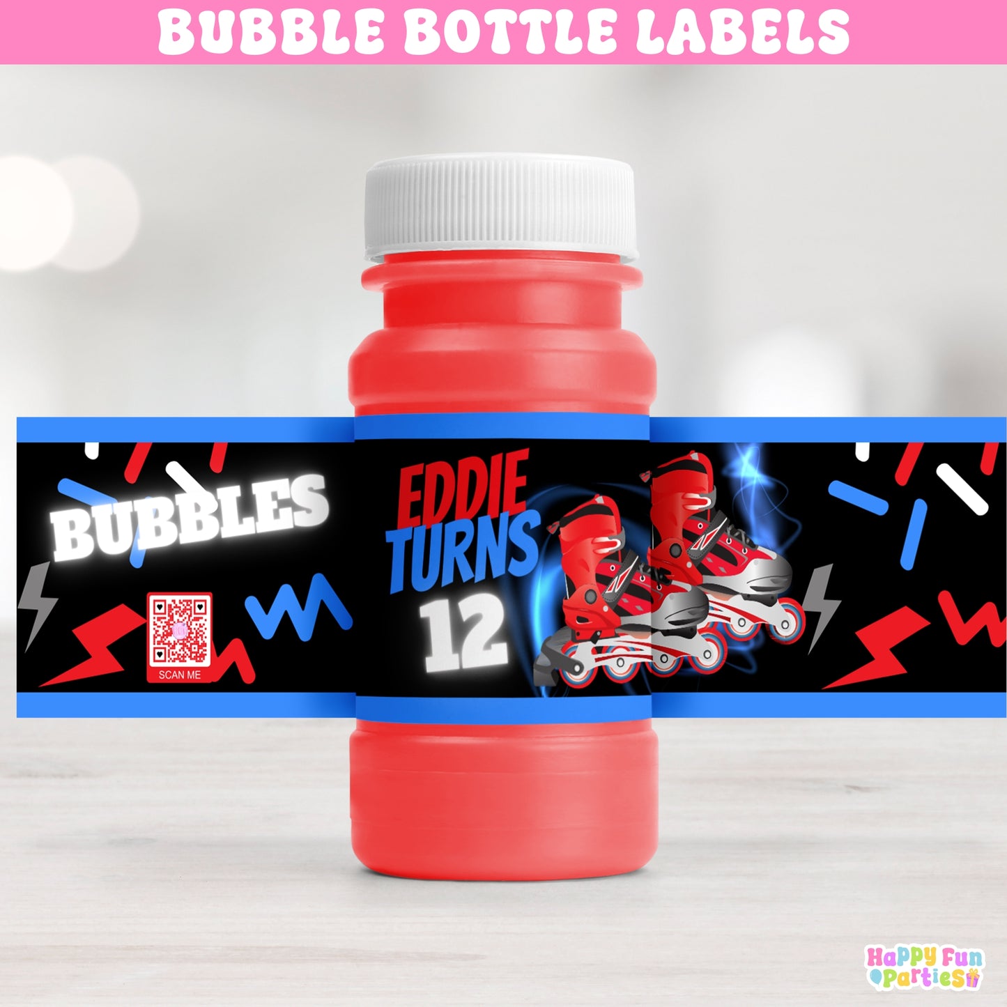 Roller Skates Bubble Bottle Labels | Personalized Glow Party Favor Stickers