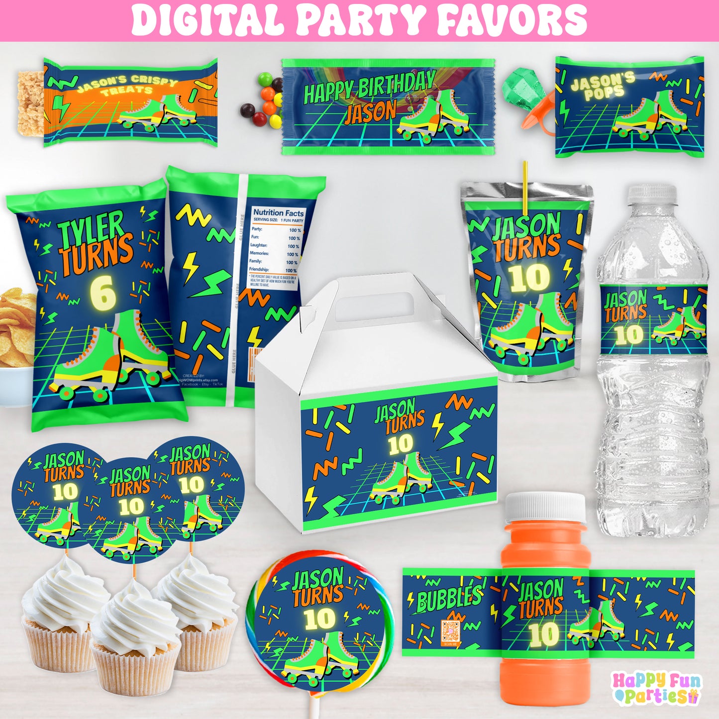 Digital Skating Party Favors | Printable Snack Bags, Labels & Decorations