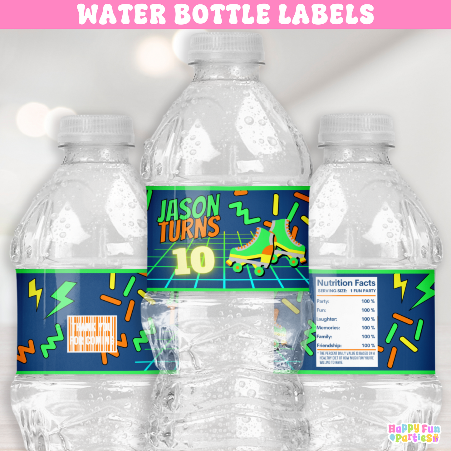 Neon Skating Water Bottle Labels | Personalized Retro Party Stickers