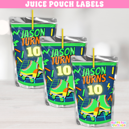 Custom Skating Juice Labels | Personalized Neon Glow Birthday Drink Stickers