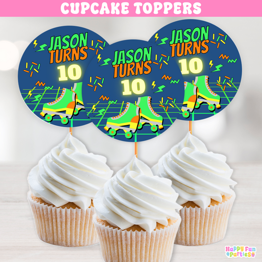 Neon Roller Skating Cupcake Toppers | Personalized Glow Party Decorations