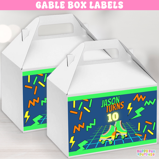 Retro Skating Gable Box Labels | Personalized Glow Favor Stickers