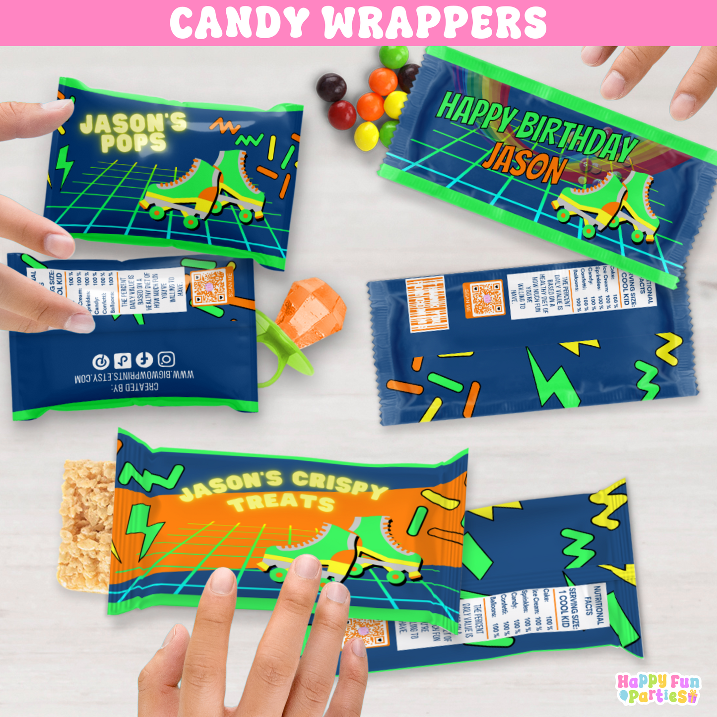 Custom Retro Skating Candy Wrappers | Personalized Neon Birthday Favors