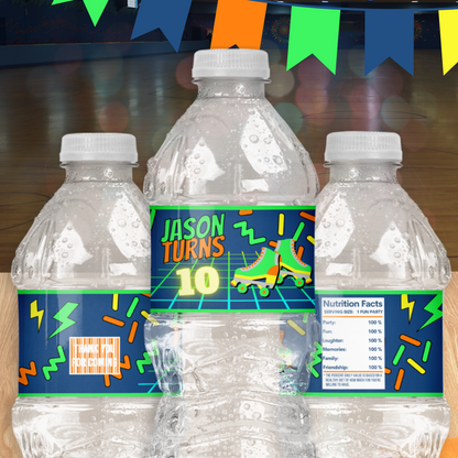 Neon Skating Water Bottle Labels | Personalized Retro Party Stickers