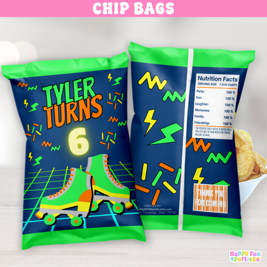 Personalized Retro Skating Snack Bags | Custom Neon Party Favor