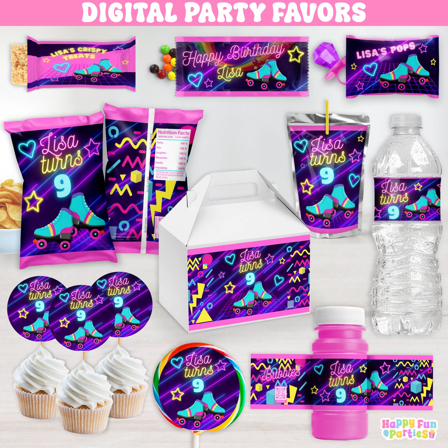 Digital Skating Party Favors | Printable Snack Bags, Labels & Decorations