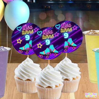 Retro Skating Cupcake Toppers | Personalized Glow Party Decorations