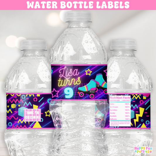 Glow Skating Water Bottle Labels | Personalized Retro Party Stickers