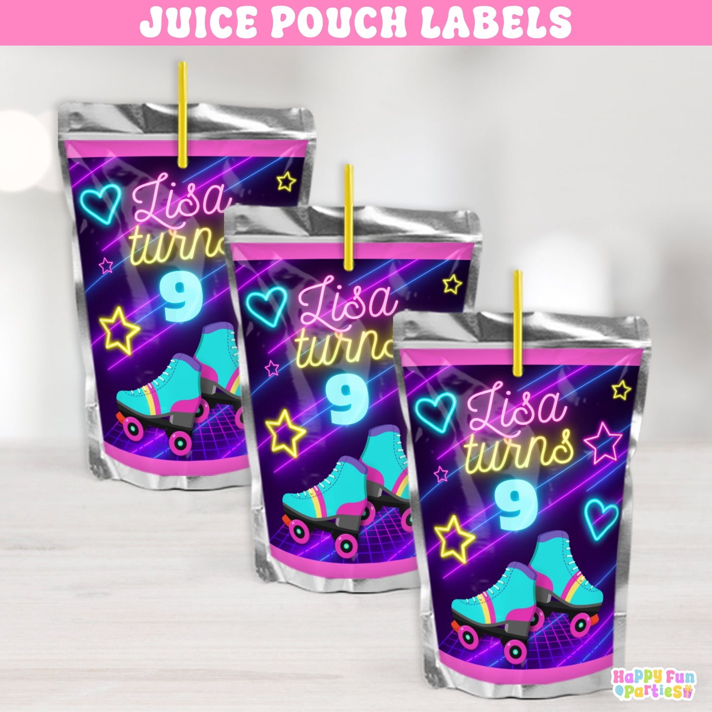 Custom Skating Juice Labels | Personalized Retro Birthday Drink Stickers