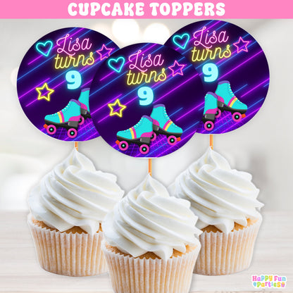 Retro Skating Cupcake Toppers | Personalized Glow Party Decorations