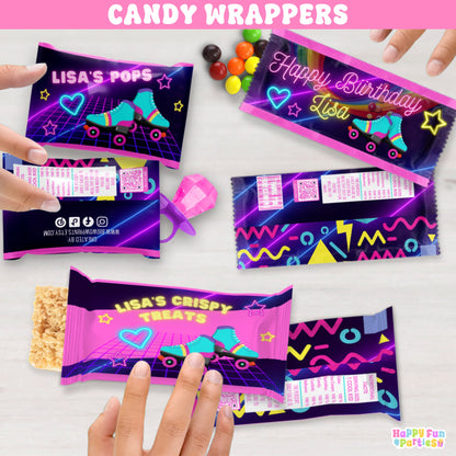 Custom Neon Skating Candy Wrappers | Personalized Retro Birthday Favors