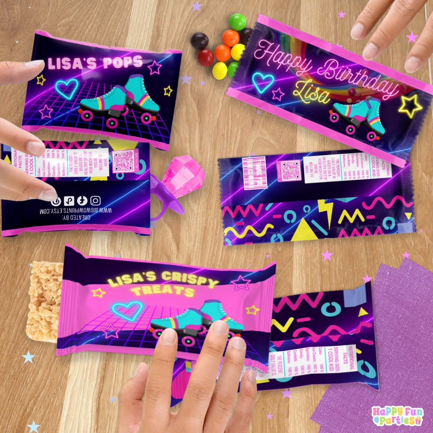 Custom Neon Skating Candy Wrappers | Personalized Retro Birthday Favors