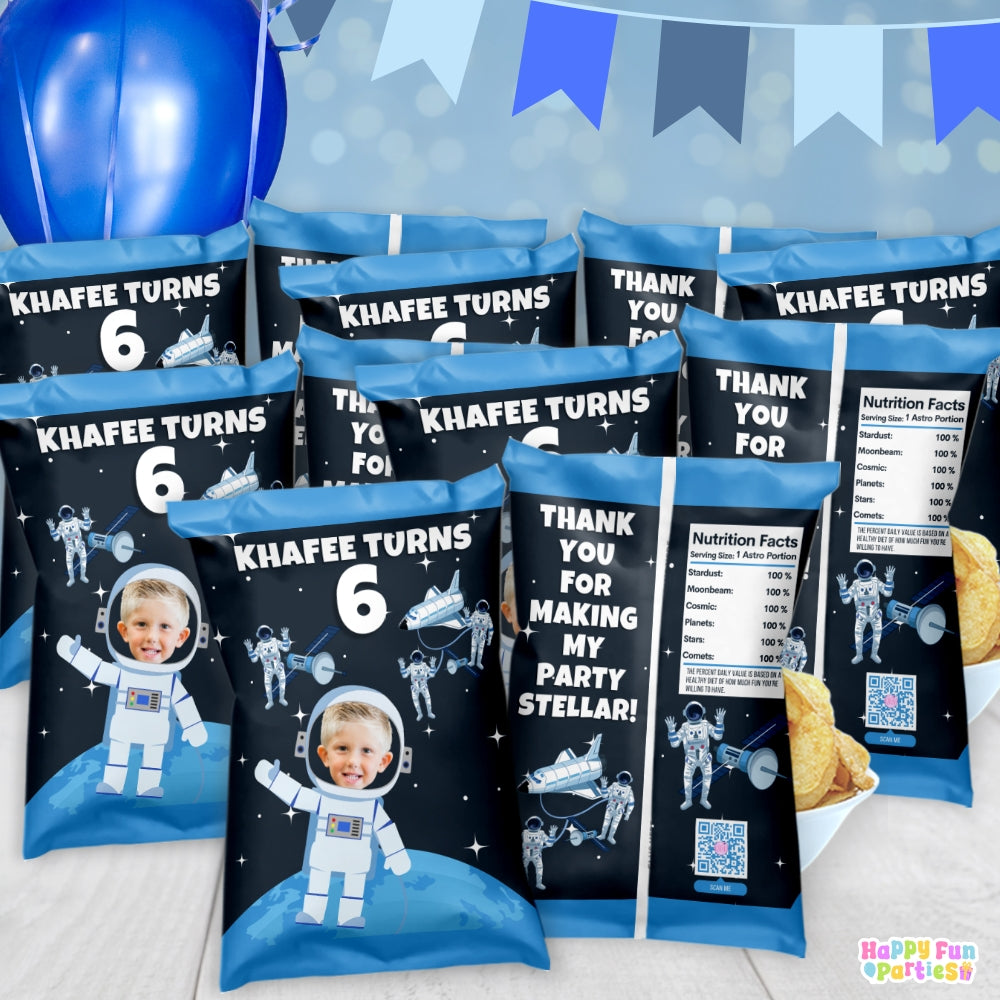 Personalized Outer Space Chip Bag Party Favors | Custom Astronaut Snack Wrappers for Kids’ Adults' Space Birthday