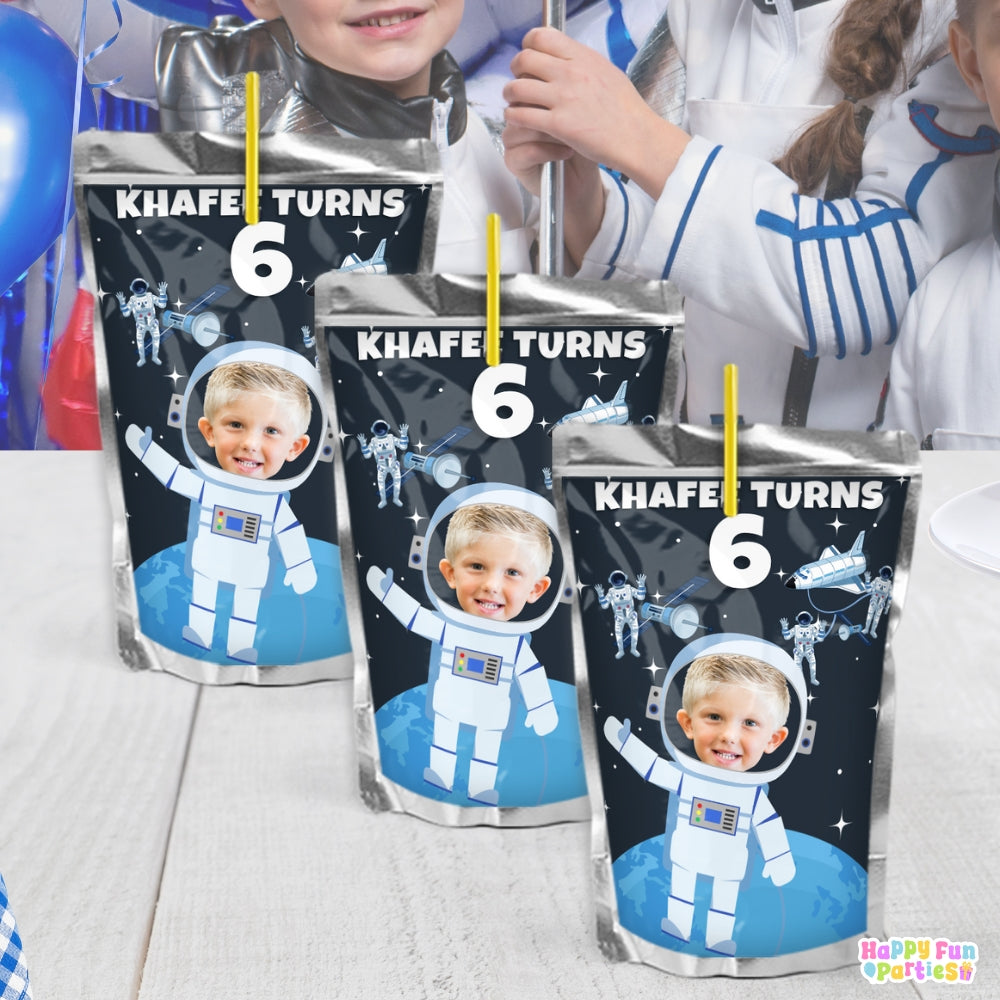 Personalized Outer Space Juice Pouch Labels | Custom Astronaut Birthday Party Adhesive Stickers