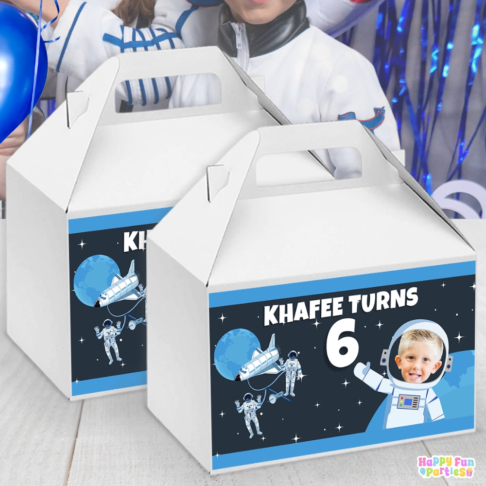 Personalized Outer Space Favor Box Labels | Custom Astronaut-Themed Party Gift Box Sticker