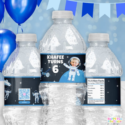 Personalized Outer Space Water Bottle Labels | Custom Astronaut Birthday Party Drink Wrappers