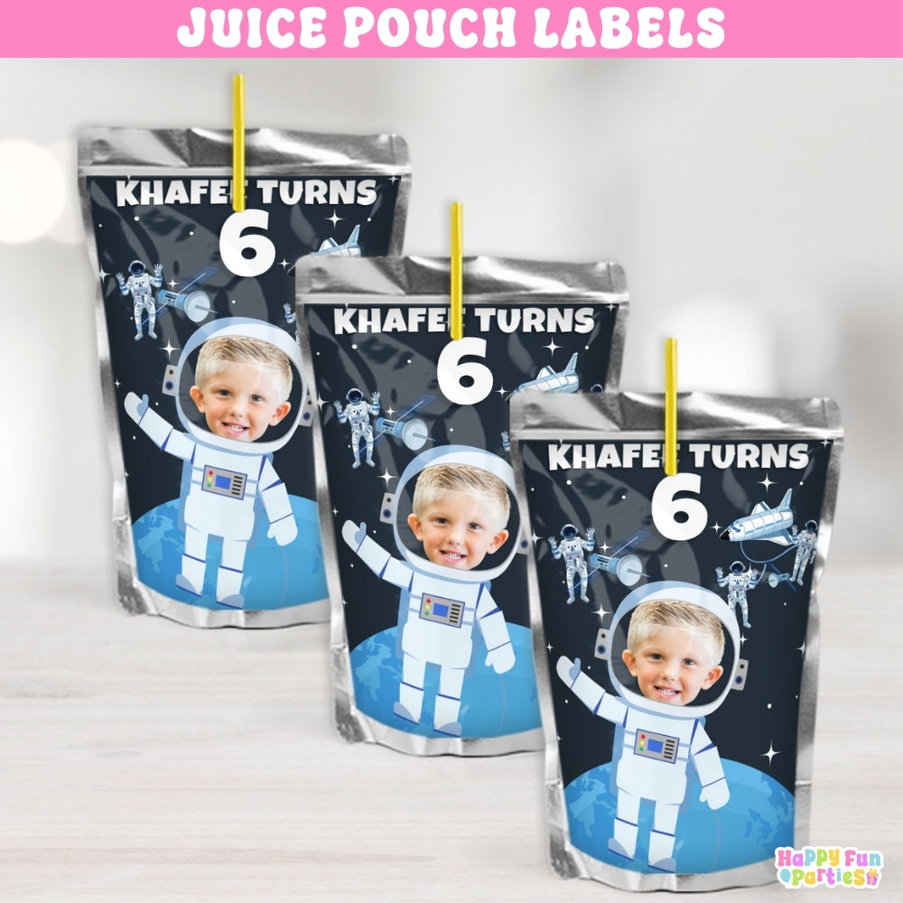 Personalized Outer Space Juice Pouch Labels | Custom Astronaut Birthday Party Adhesive Stickers