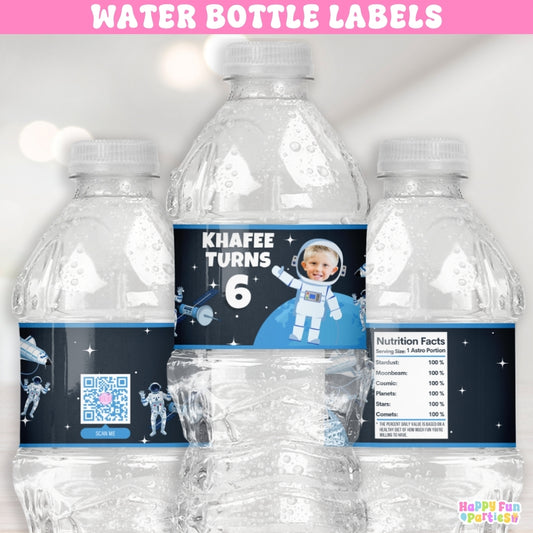 Personalized Outer Space Water Bottle Labels | Custom Astronaut Birthday Party Drink Wrappers