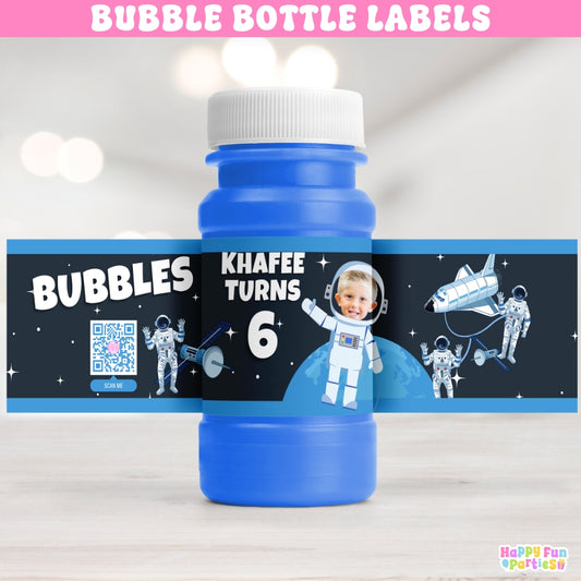 Personalized Outer Space Bubble Bottle Labels | Custom Astronaut-Themed Party Favor Stickers