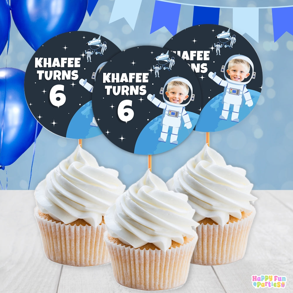 Personalized Outer Space Cupcake Toppers | Custom Astronaut Birthday Party Decorations