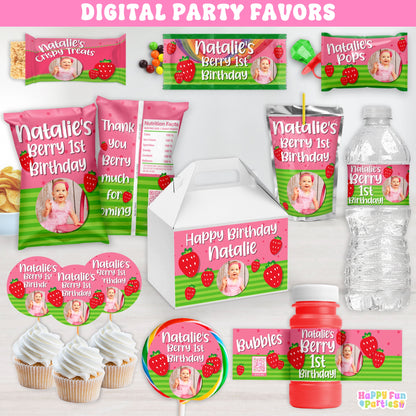 Personalized Strawberry Birthday Party Supplies For Berry 1st Birthday, Fruit Themed Party | Digital Download