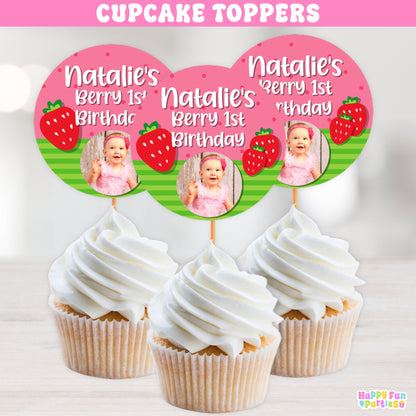 Strawberry Cupcake Toppers | Personalized Berry Sweet Birthday Decor