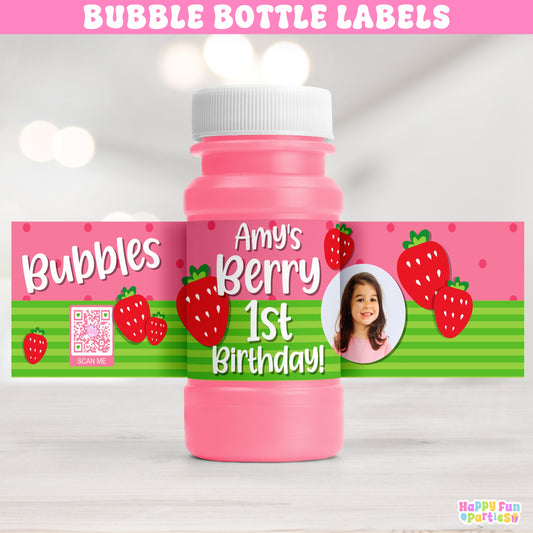 Strawberry Bubble Bottle Labels | Berry First Birthday Party Favors