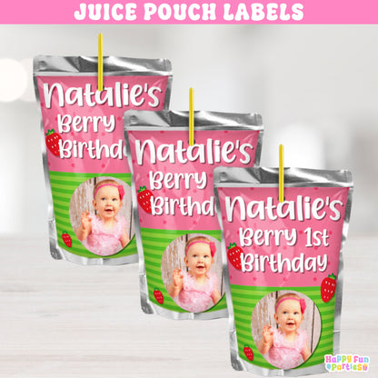 Strawberry Juice Pouch Labels | Personalized Berry Sweet Party Favors