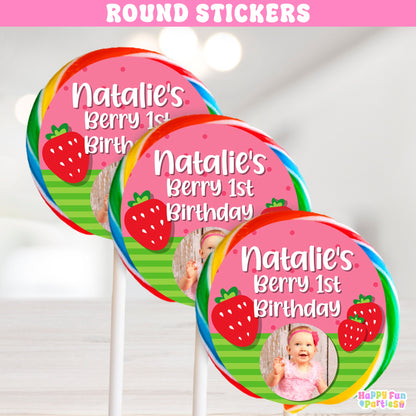 Strawberry Lollipop Stickers | Berry First Birthday Party Favors