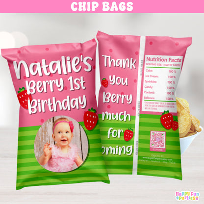 Personalized Strawberry Chip Bag Party Favors | Berry Cute Snack Bags