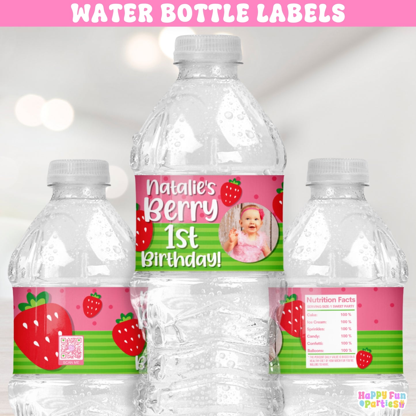 Strawberry Water Bottle Labels | Personalized Berry First Birthday Favors